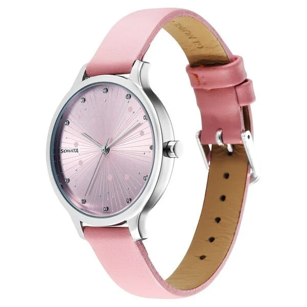 Sonata Blush Quartz Analog Pink dial Leather Strap Watch for Women 87050sl03 - KRISHNA WATCH COMPANY