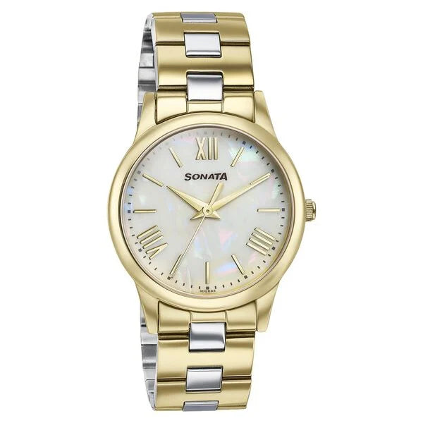 Sonata Glam Gold Quartz Analog Off White Dial Stainless Steel Strap Watch For Women 87061bm01w - KRISHNA WATCH COMPANY