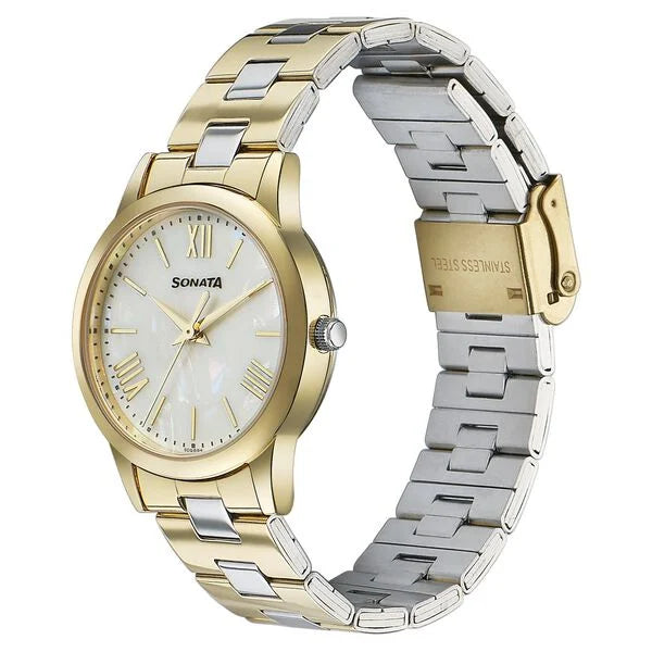 Sonata Glam Gold Quartz Analog Off White Dial Stainless Steel Strap Watch For Women 87061bm01w - KRISHNA WATCH COMPANY