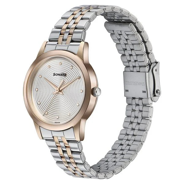 Sonata Glam Gold Quartz Analog Silver Dial Stainless Steel Strap Watch For Women 87061km01w - KRISHNA WATCH COMPANY