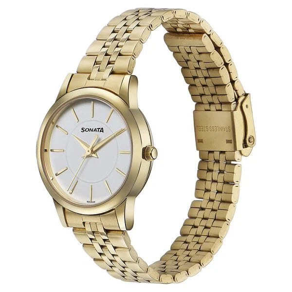 Sonata Glam Gold Quartz Analog White Dial Stainless Steel Strap Watch For Women 87061ym01w - KRISHNA WATCH COMPANY
