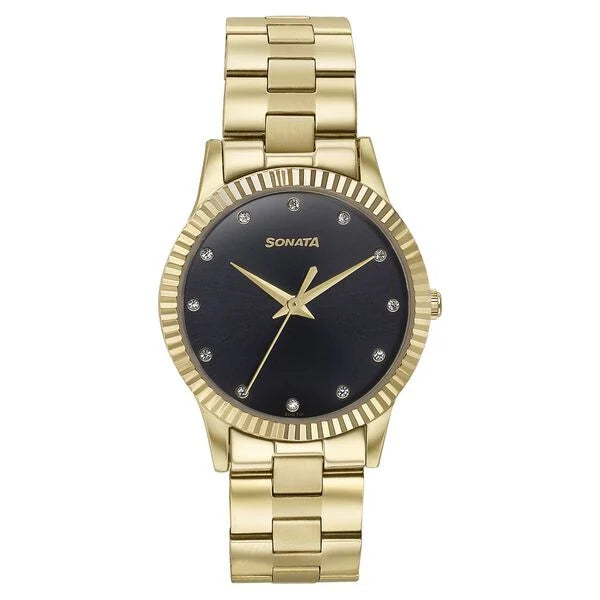 Sonata Glam Gold Quartz Analog Black Dial Stainless Steel Strap Watch For Women 87062ym01w - KRISHNA WATCH COMPANY