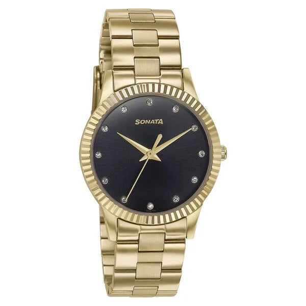 Sonata Glam Gold Quartz Analog Black Dial Stainless Steel Strap Watch For Women 87062ym01w - KRISHNA WATCH COMPANY