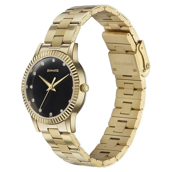 Sonata Glam Gold Quartz Analog Black Dial Stainless Steel Strap Watch For Women 87062ym01w - KRISHNA WATCH COMPANY