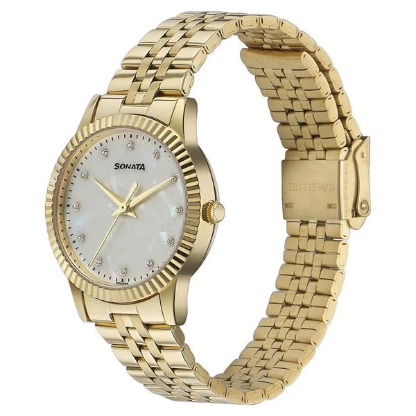 Sonata Glam Gold Quartz Analog Off White Dial Stainless Steel Strap Watch For Women 87062ym02w - KRISHNA WATCH COMPANY