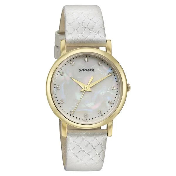 Sonata Glam Gold Quartz Analog Off White Dial Leather Strap Watch For Women 87063yl02w - KRISHNA WATCH COMPANY