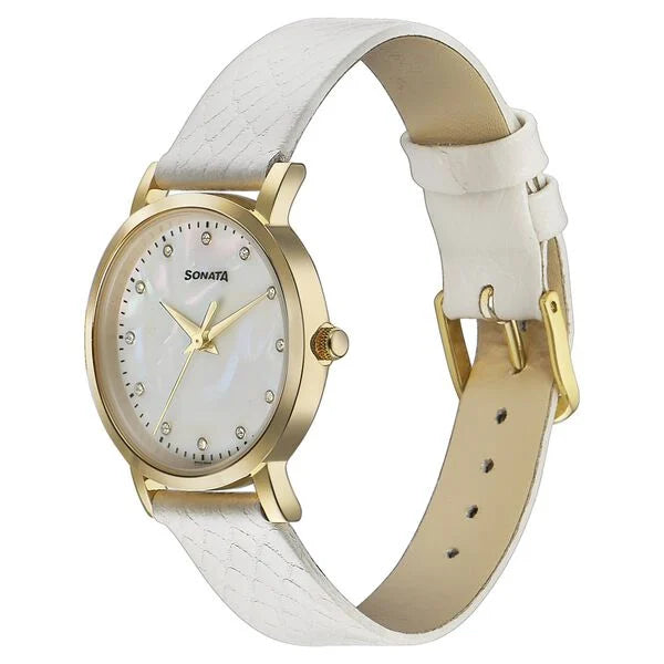 Sonata Glam Gold Quartz Analog Off White Dial Leather Strap Watch For Women 87063yl02w - KRISHNA WATCH COMPANY