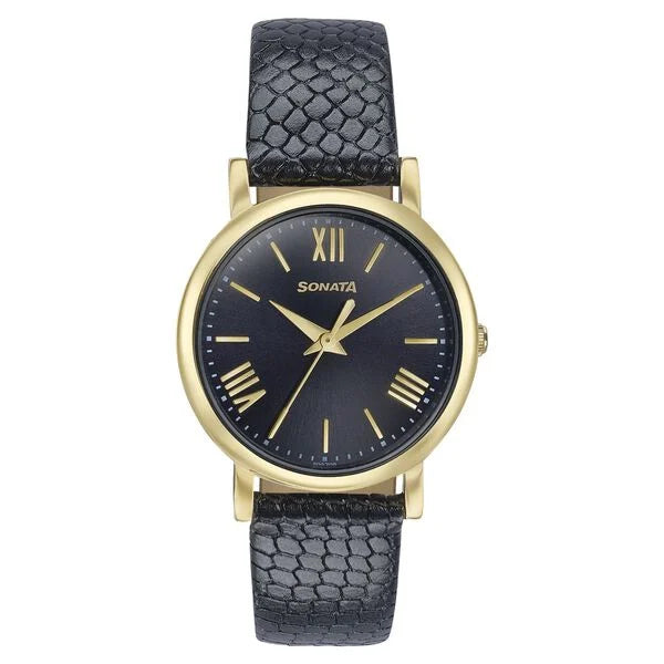 Sonata Glam Gold Quartz Analog Black Dial Leather Strap Watch For Women - 87063YL04W - KRISHNA WATCH COMPANY
