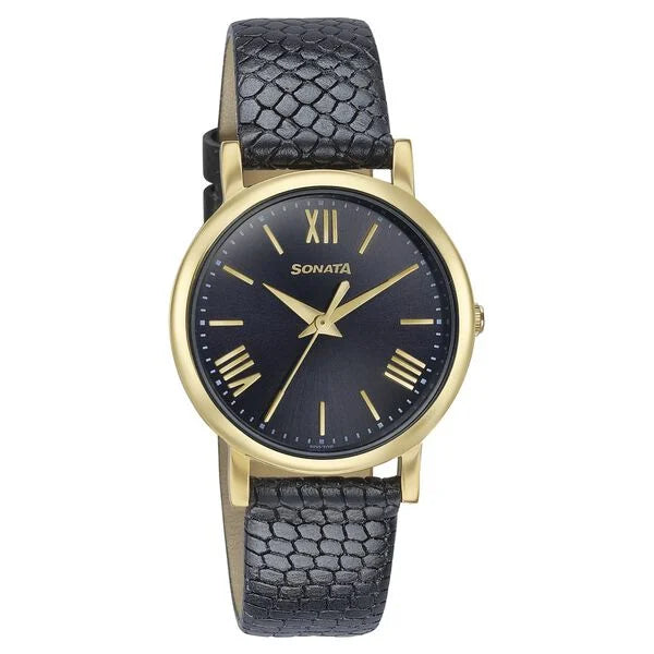 Sonata Glam Gold Quartz Analog Black Dial Leather Strap Watch For Women - 87063YL04W - KRISHNA WATCH COMPANY