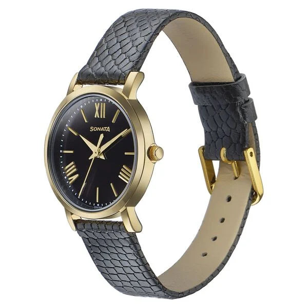 Sonata Glam Gold Quartz Analog Black Dial Leather Strap Watch For Women - 87063YL04W - KRISHNA WATCH COMPANY