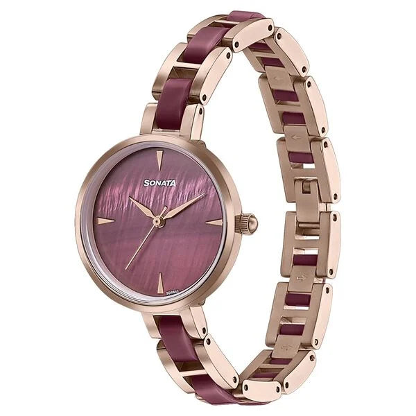 Sonata Wedding Edit Quartz Analog Maroon Dial Stainless Steel With Acetate Strap Watch For Women 87064kd05 - KRISHNA WATCH COMPANY