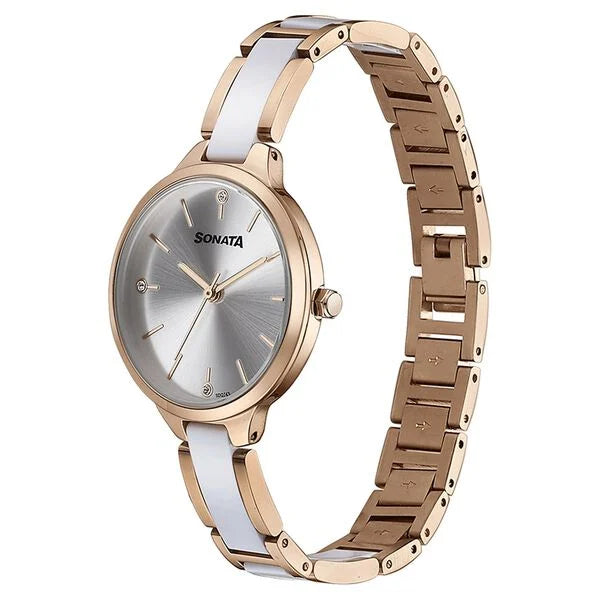Sonata Quartz Analog Silver Dial Two Toned Stainless Steel Strap Watch For Women 87065kd02 - KRISHNA WATCH COMPANY