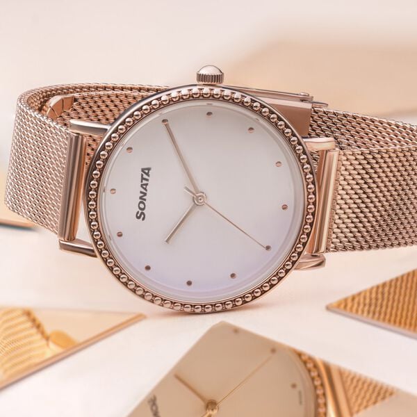 Sonata Quartz Analog White Dial Rose Gold Stainless Steel Strap Watch For Women 87066wm01 - KRISHNA WATCH COMPANY