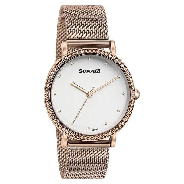 Sonata Quartz Analog White Dial Rose Gold Stainless Steel Strap Watch For Women 87066wm01 - KRISHNA WATCH COMPANY