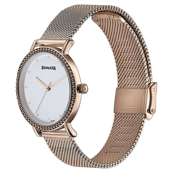Sonata Quartz Analog White Dial Rose Gold Stainless Steel Strap Watch For Women 87066wm01 - KRISHNA WATCH COMPANY