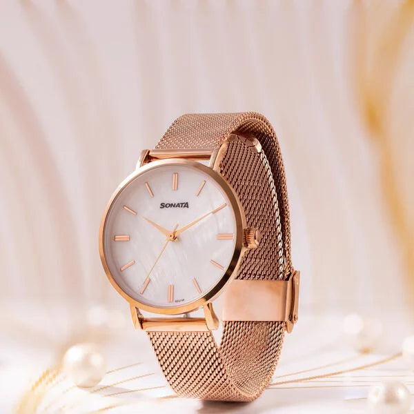 Sonata Wedding Bling Quartz Analog Brown Dial Rose Gold Stainless Steel Strap Watch for Women 87050WM12 - KRISHNA WATCH COMPANY