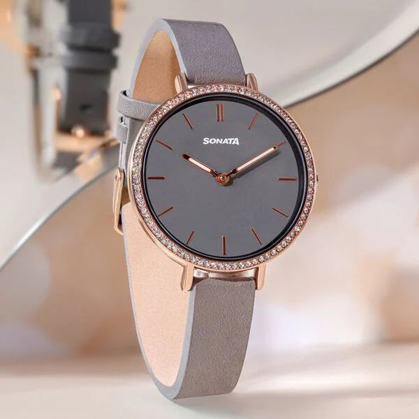 Sonata Quartz Analog Grey Dial Grey Leather Strap Watch For Women 87070wl01 - KRISHNA WATCH COMPANY