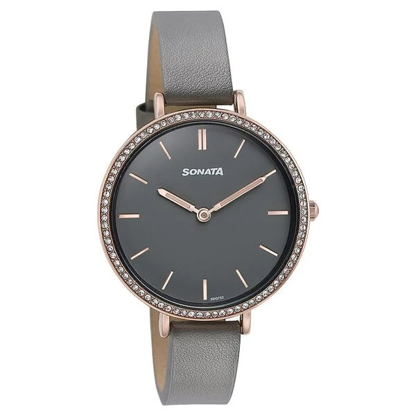 Sonata Quartz Analog Grey Dial Grey Leather Strap Watch For Women 87070wl01 - KRISHNA WATCH COMPANY