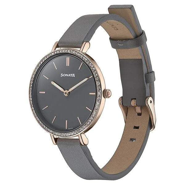 Sonata Quartz Analog Grey Dial Grey Leather Strap Watch For Women 87070wl01 - KRISHNA WATCH COMPANY