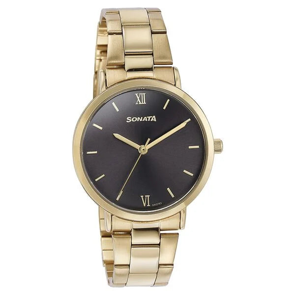 Sonata Quartz Analog Black Dial Golden Stainless Steel Strap Watch For Women 87071ym01 - KRISHNA WATCH COMPANY