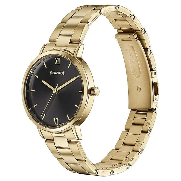 Sonata Quartz Analog Black Dial Golden Stainless Steel Strap Watch For Women 87071ym01 - KRISHNA WATCH COMPANY