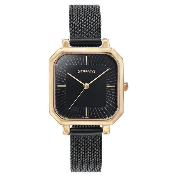 Sonata Modern Edit Quartz Analog Black Dial Black Stainless Steel Strap Watch For Women 87072km01 - KRISHNA WATCH COMPANY