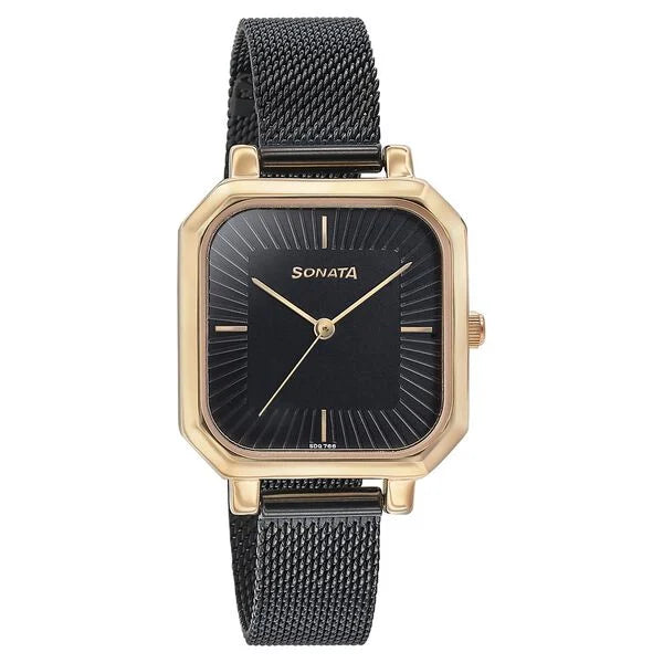 Sonata Modern Edit Quartz Analog Black Dial Black Stainless Steel Strap Watch For Women 87072km01 - KRISHNA WATCH COMPANY