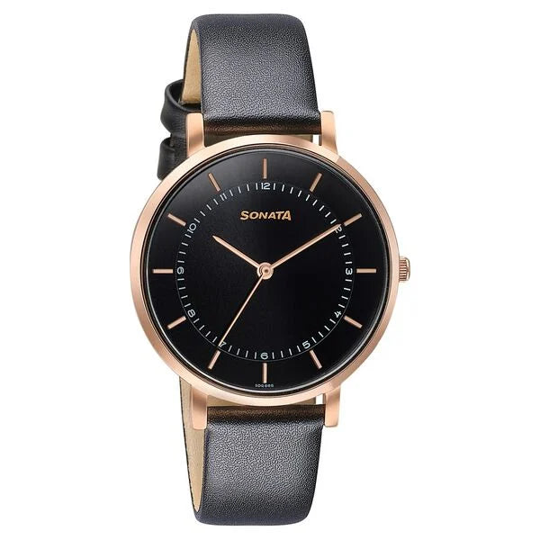 Sonata Modern Edit Quartz Analog Black Dial Leather Strap Watch For Women 87073wl01
