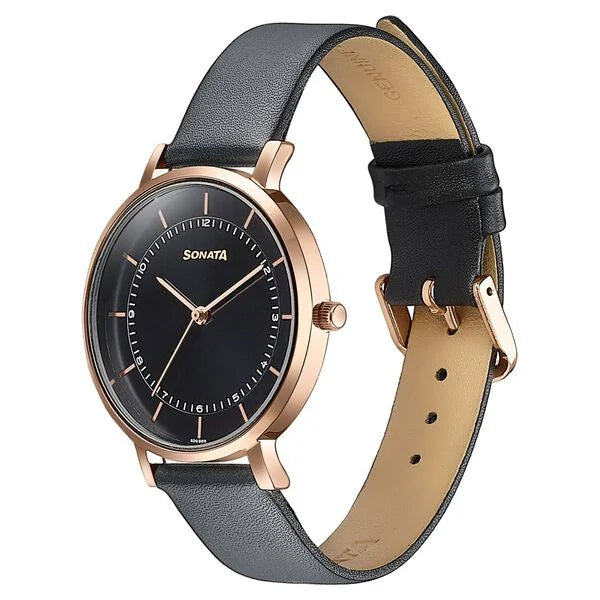Sonata Modern Edit Quartz Analog Black Dial Leather Strap Watch For Women 87073wl01