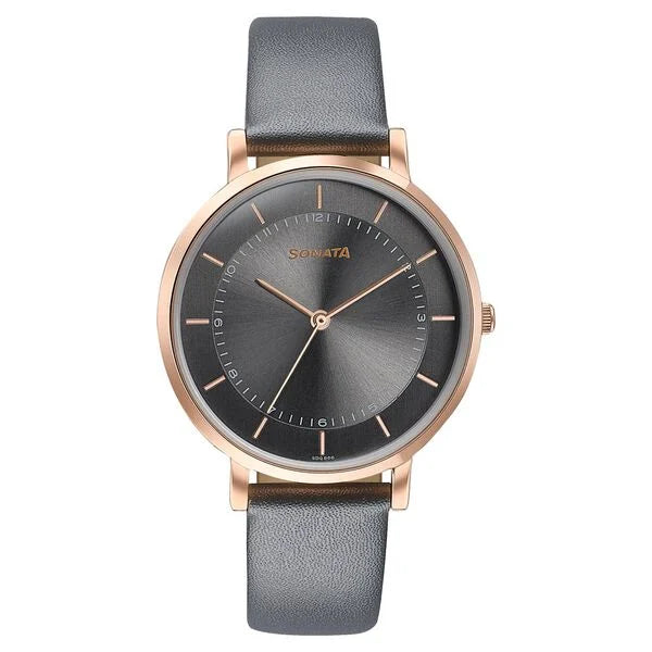 Sonata Modern Edit Quartz Analog Grey Dial Leather Strap Watch For Women 87073wl02 - KRISHNA WATCH COMPANY