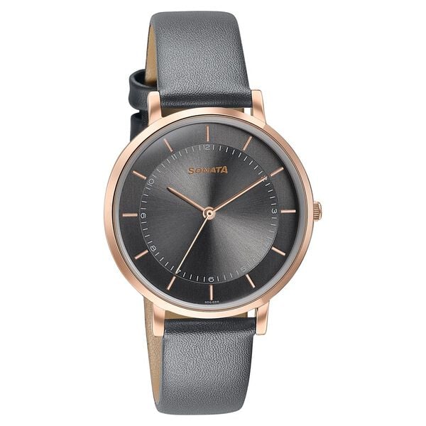 Sonata Modern Edit Quartz Analog Grey Dial Leather Strap Watch For Women 87073wl02