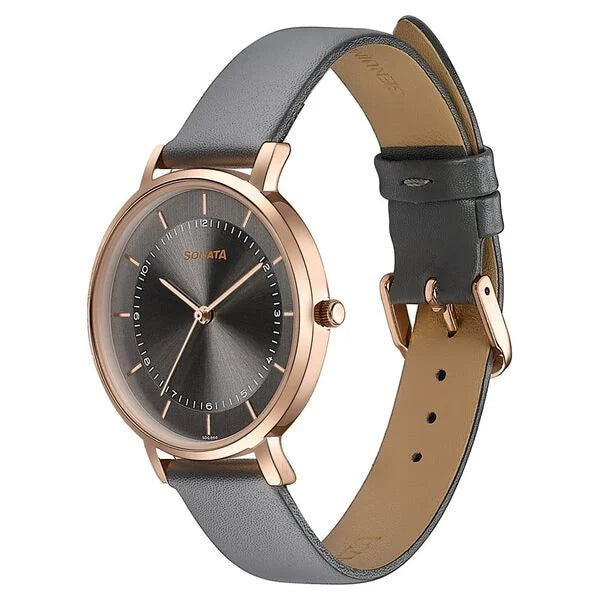 Sonata Modern Edit Quartz Analog Grey Dial Leather Strap Watch For Women 87073wl02