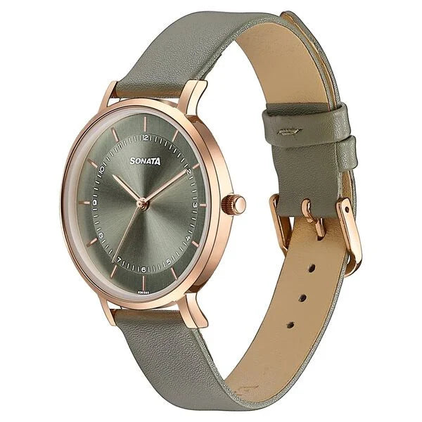 Sonata Modern Edit Quartz Analog Green Dial Leather Strap Watch For Women 87073wl03 - KRISHNA WATCH COMPANY
