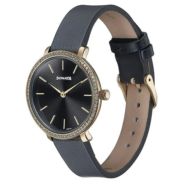 Sonata Wedding Edit Quartz Analog Black Dial Leather Strap Watch For Women 87080yl02 - KRISHNA WATCH COMPANY