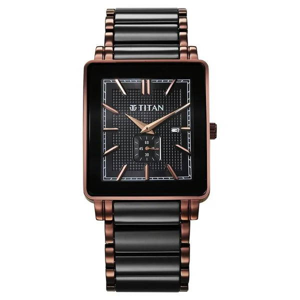 Titan Regalia Shaped Ceramic Quartz Analog with Date Black Dial Steel & Ceramic Strap Watch For Men 90013kd06