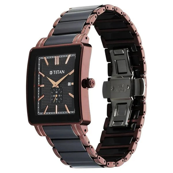 Titan Regalia Shaped Ceramic Quartz Analog with Date Black Dial Steel & Ceramic Strap Watch For Men 90013kd06