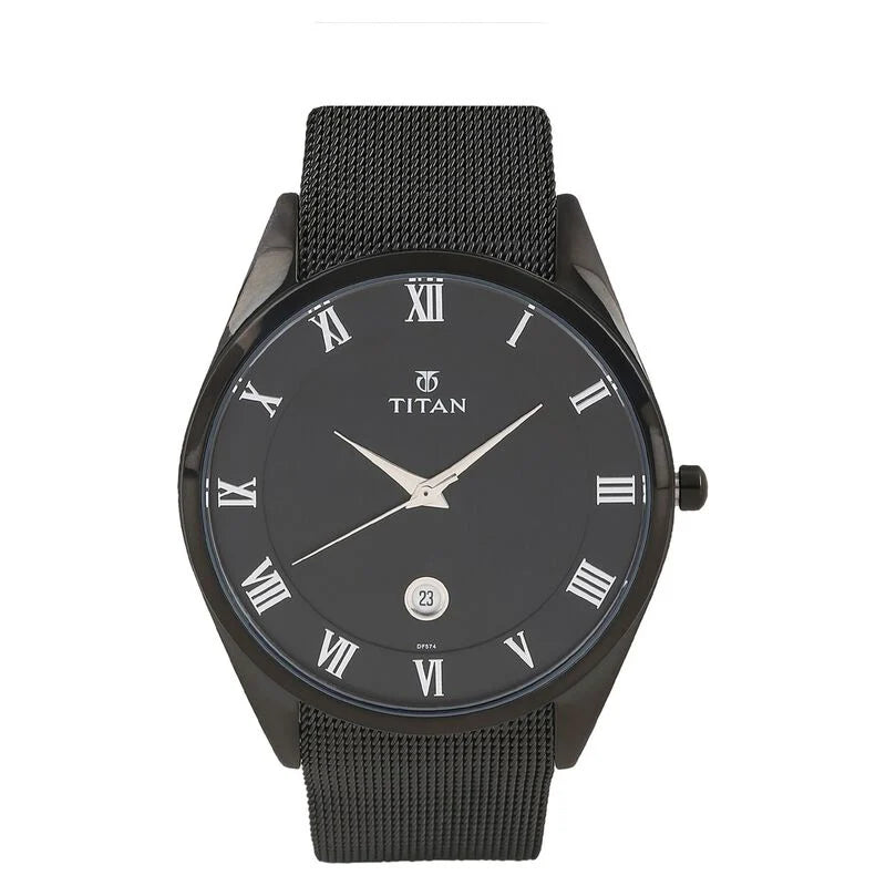 Titan Quartz Analog with Date Black Dial Stainless Steel Strap Watch for Men 90054NM01