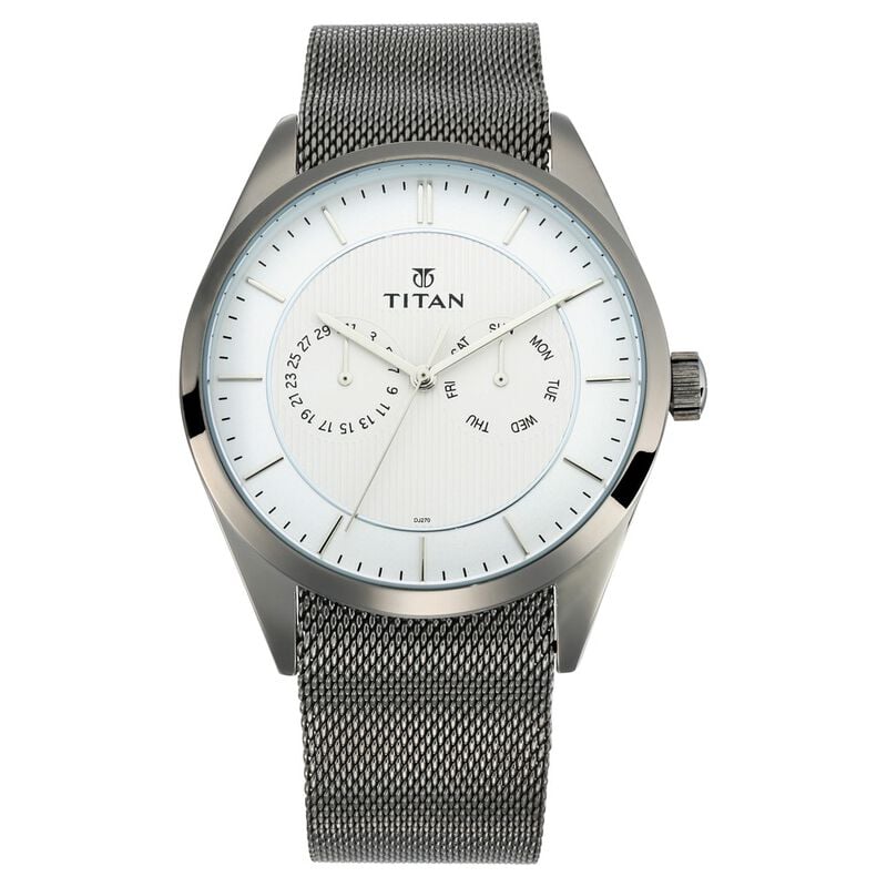Titan Quartz Multifunction White Dial Stainless Steel Strap Watch for Men 90098QM01