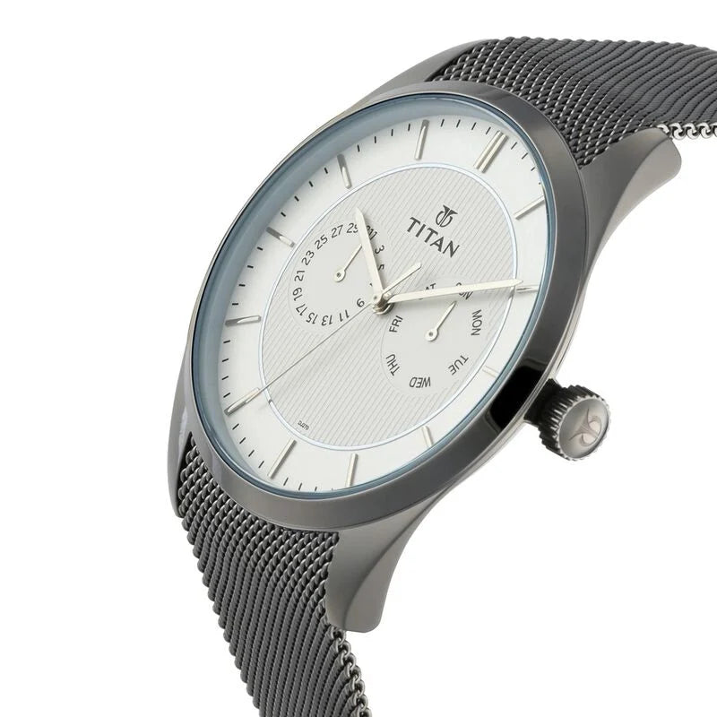 Titan Quartz Multifunction White Dial Stainless Steel Strap Watch for Men 90098QM01