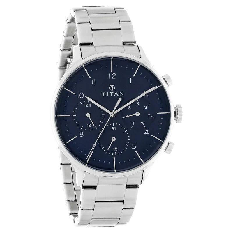 Titan Quartz Multifunction Blue Dial Stainless Steel Strap Watch for Men 90102SM01