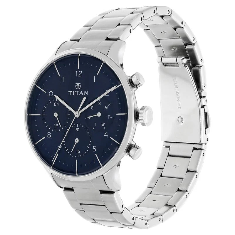 Titan Quartz Multifunction Blue Dial Stainless Steel Strap Watch for Men 90102SM01