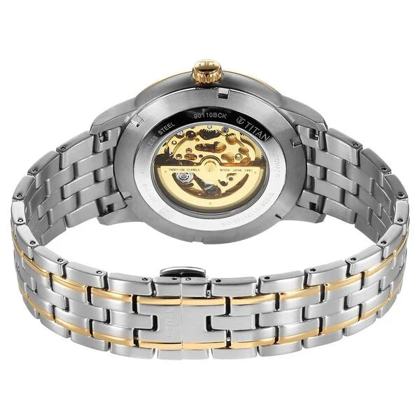 Titan Golden Heart Skeletal Automatic Analog with Silver Dial Dual-Tone Stainless Steel Strap Watch for Men 90110bm01