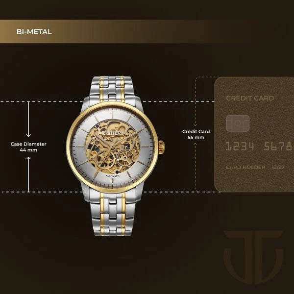Titan Golden Heart Skeletal Automatic Analog with Silver Dial Dual-Tone Stainless Steel Strap Watch for Men 90110bm01
