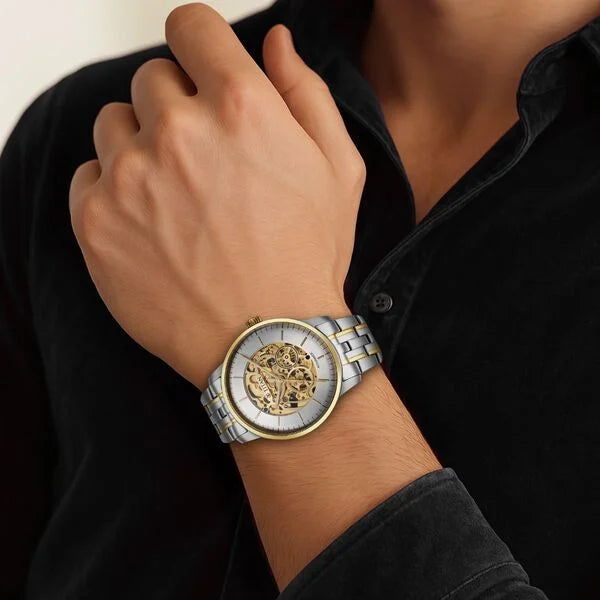 Titan Golden Heart Skeletal Automatic Analog with Silver Dial Dual-Tone Stainless Steel Strap Watch for Men 90110bm01