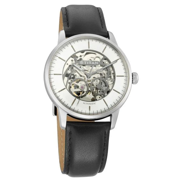 Titan Automatic Silver Dial Black Leather Strap Watch for Men 90110sl01 - KRISHNA WATCH COMPANY