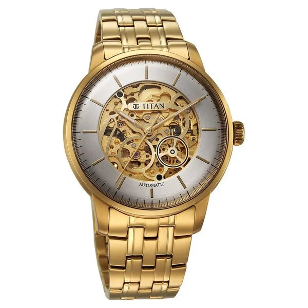 Titan Golden Heart Skeletal Automatic Analog with Silver Dial Yellow Gold Stainless Steel Strap Watch for Men 90110ym01