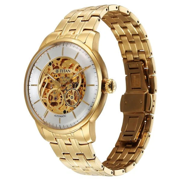 Titan Golden Heart Skeletal Automatic Analog with Silver Dial Yellow Gold Stainless Steel Strap Watch for Men 90110ym01