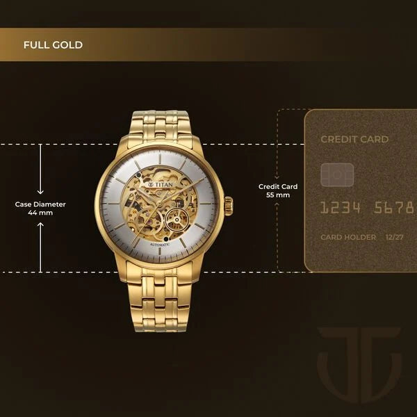 Titan Golden Heart Skeletal Automatic Analog with Silver Dial Yellow Gold Stainless Steel Strap Watch for Men 90110ym01