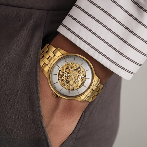 Titan Golden Heart Skeletal Automatic Analog with Silver Dial Yellow Gold Stainless Steel Strap Watch for Men 90110ym01