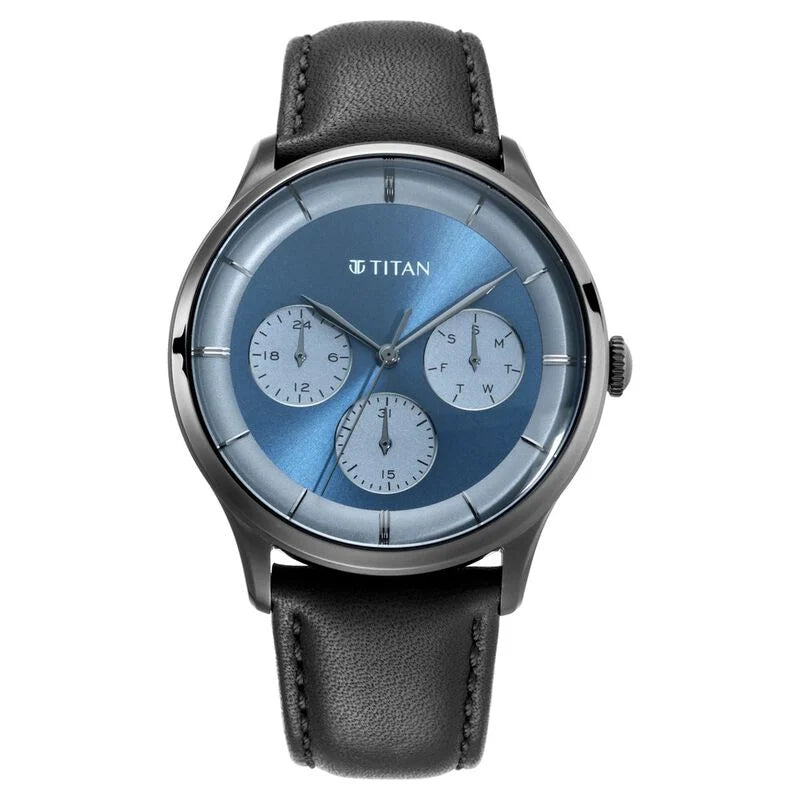 Titan Light Leathers Blue Quartz Multifunction Leather Strap watch for Men 90125QL01 - KRISHNA WATCH COMPANY